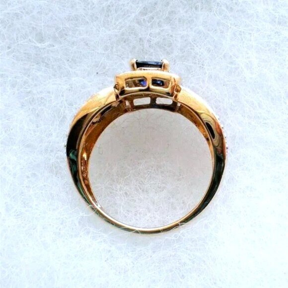 Designer 14K Yellow Gold Sapphire Diamond Halo Cluster Filigree Ring P - Picture 5 of 8